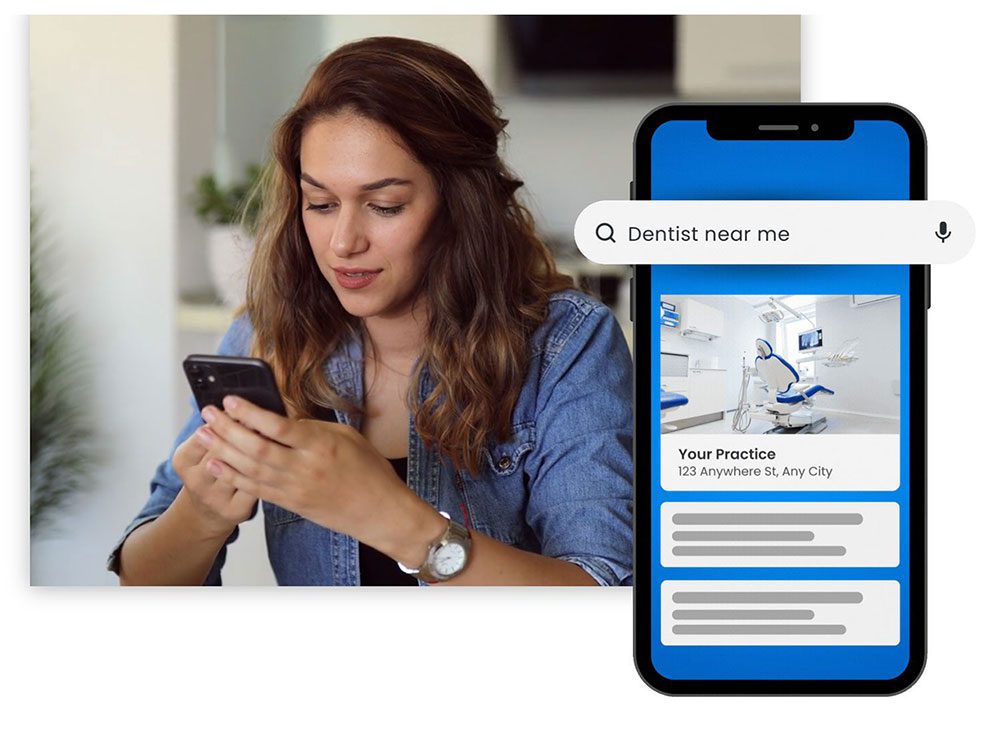 Women searching for dentist near me on phone